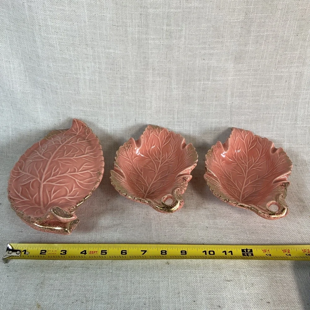 Vtg Set of 4 Pink Coral Leaf Ashtrays Bowl Lid Gold Trim California Pottery #738